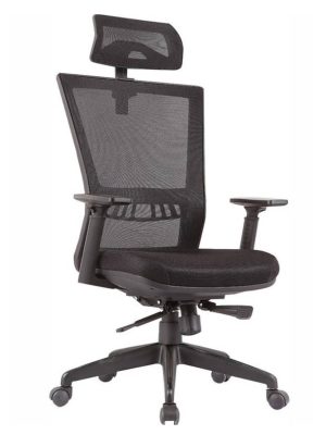 כסא מנהל ארגונומי דגם אדאו. גב רשת, מושב מרופד בד שחור. תמיכה לומברית לגב התחתון.