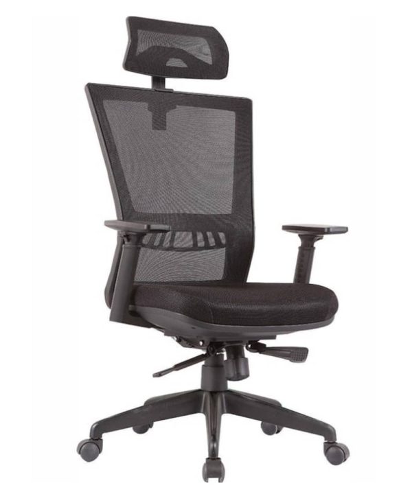 כסא מנהל ארגונומי דגם אדאו. גב רשת, מושב מרופד בד שחור. תמיכה לומברית לגב התחתון.
