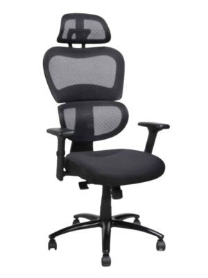 כיסא מנהל דגם גלאקסי מבית ריהוט משרדי רונן גינת. גב רשת ומושב מרופד בצבע שחור. הידיות מתכווננות. מנגנון סינכרוני. כרית ראש, תמיכה לומברית לגב התחתון,